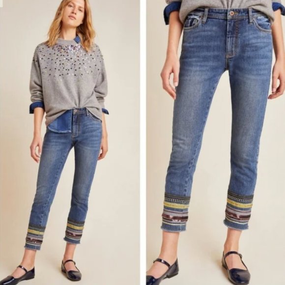 Anthropologie Denim - Pilcro And The Letterpress Mid-Rise Embroidered Jeans Size 25 Slim Straight